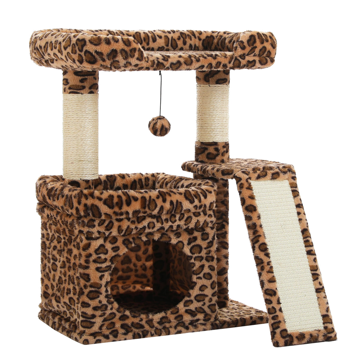 A compact cat tree with leopard print sisal scratching posts and cozy perches.
