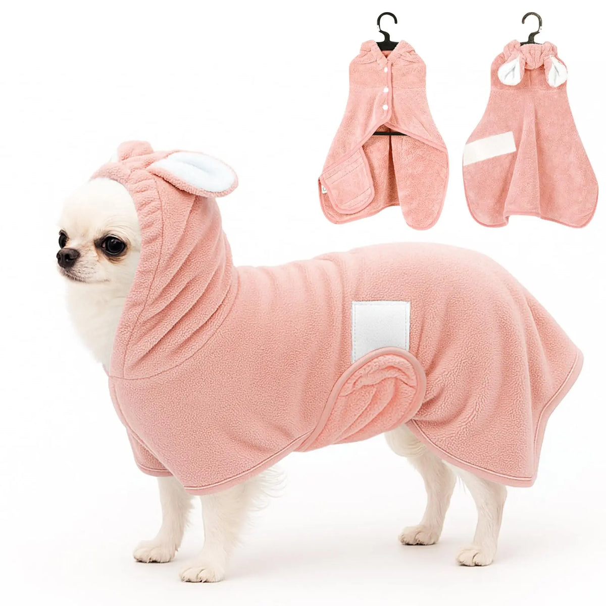 A pink hooded pet bathrobe towel for dogs and cats displayed on a white background.