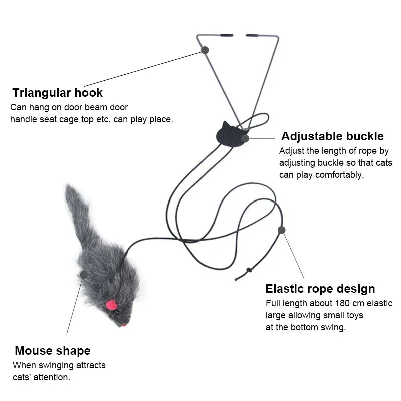 A black triangular hook toy with an elastic rope designed for cats to play.