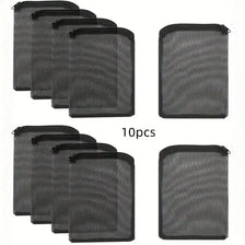 A set of ten reusable mesh filter bags with zippers used for aquarium filtration media.