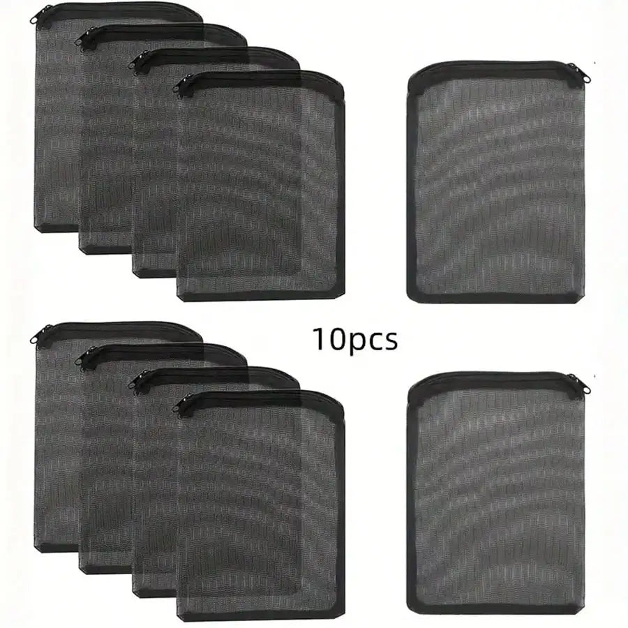 A set of ten reusable mesh filter bags with zippers used for aquarium filtration media.