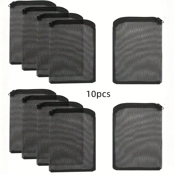 A set of ten reusable mesh filter bags with zippers used for aquarium filtration media.