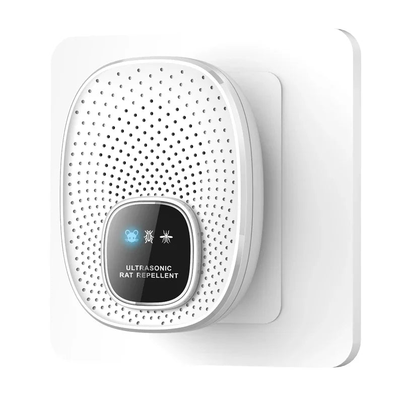 A white ultrasonic rat repellent device mounted on a wall plate.