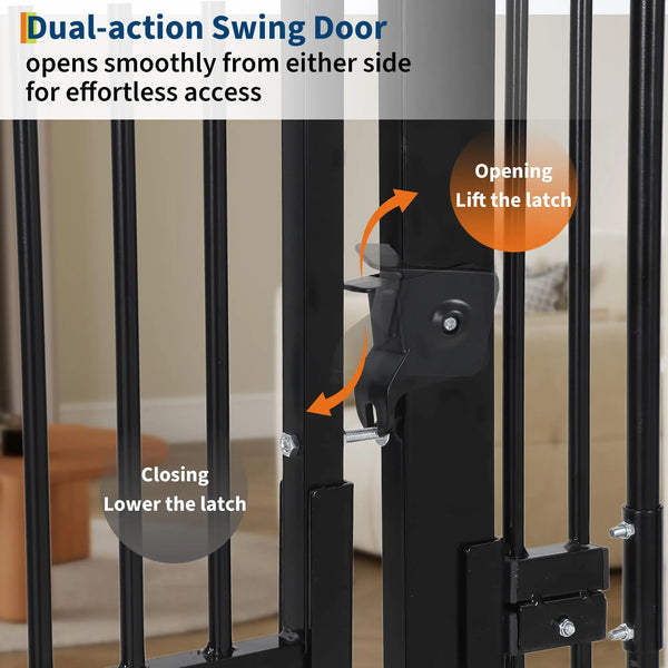 A black dual-action swing door pet gate is shown demonstrating the opening and closing mechanism.