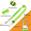 A bright lime green reflective dog seat belt featuring an adjustable buckle, elastic bungee strap, and a stainless clip hook.
