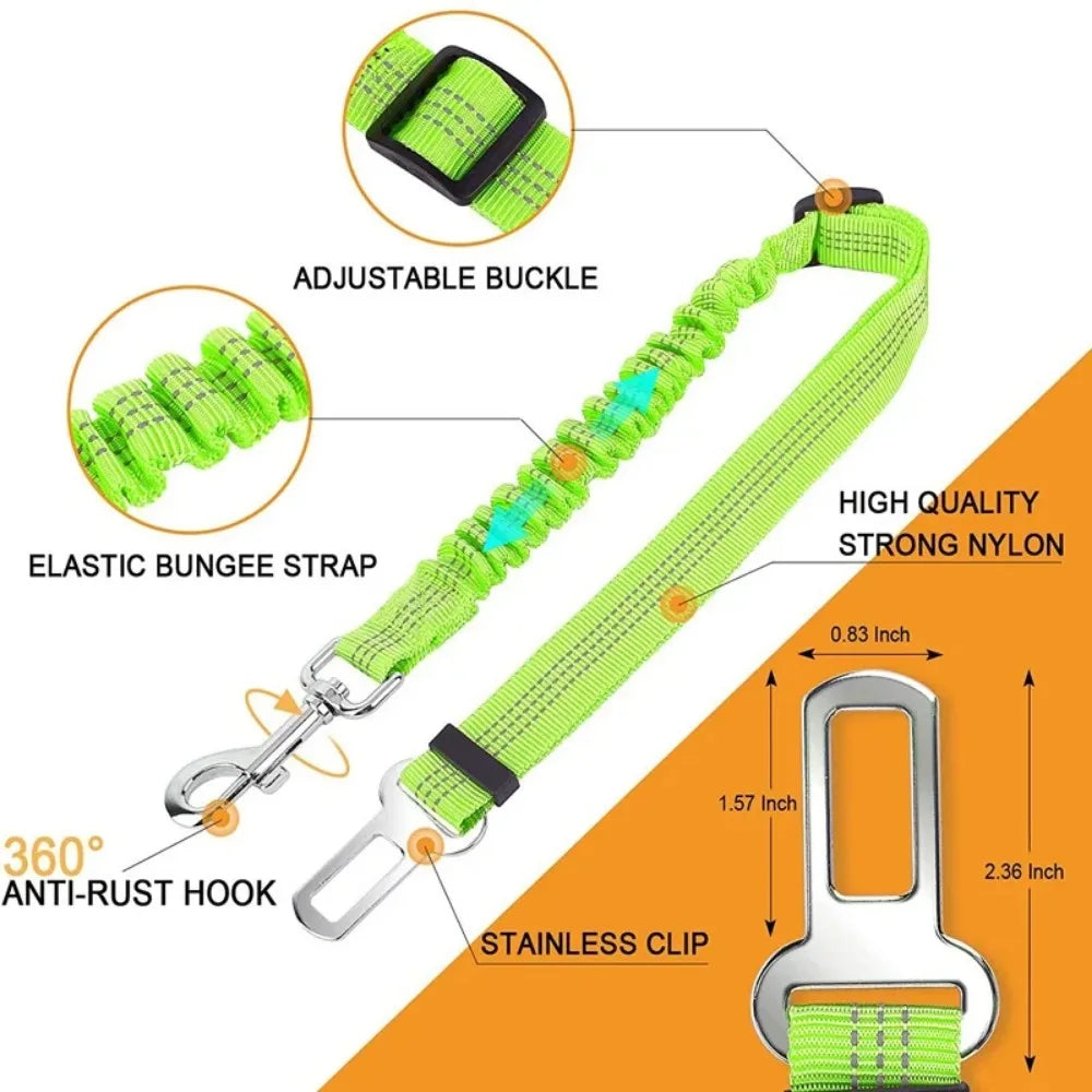 A bright lime green reflective dog seat belt featuring an adjustable buckle, elastic bungee strap, and a stainless clip hook.