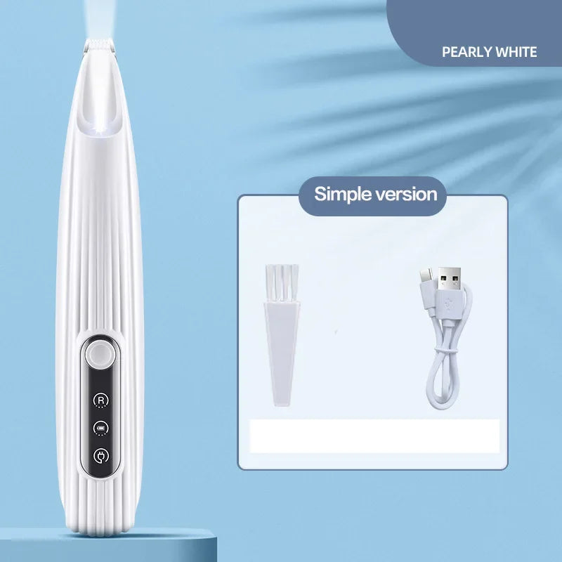A pearly white waterproof LED pet hair trimmer for dogs is shown standing upright next to its simple version components.