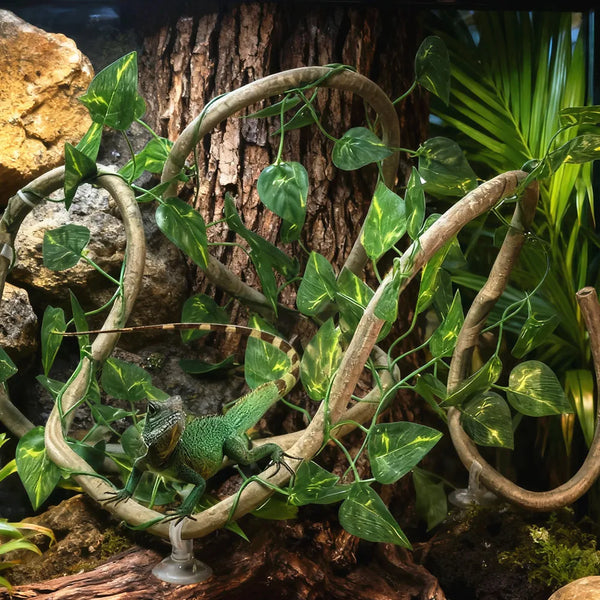 Realistic artificial reptile vines with green leaves winding around a tree trunk for terrarium decor
