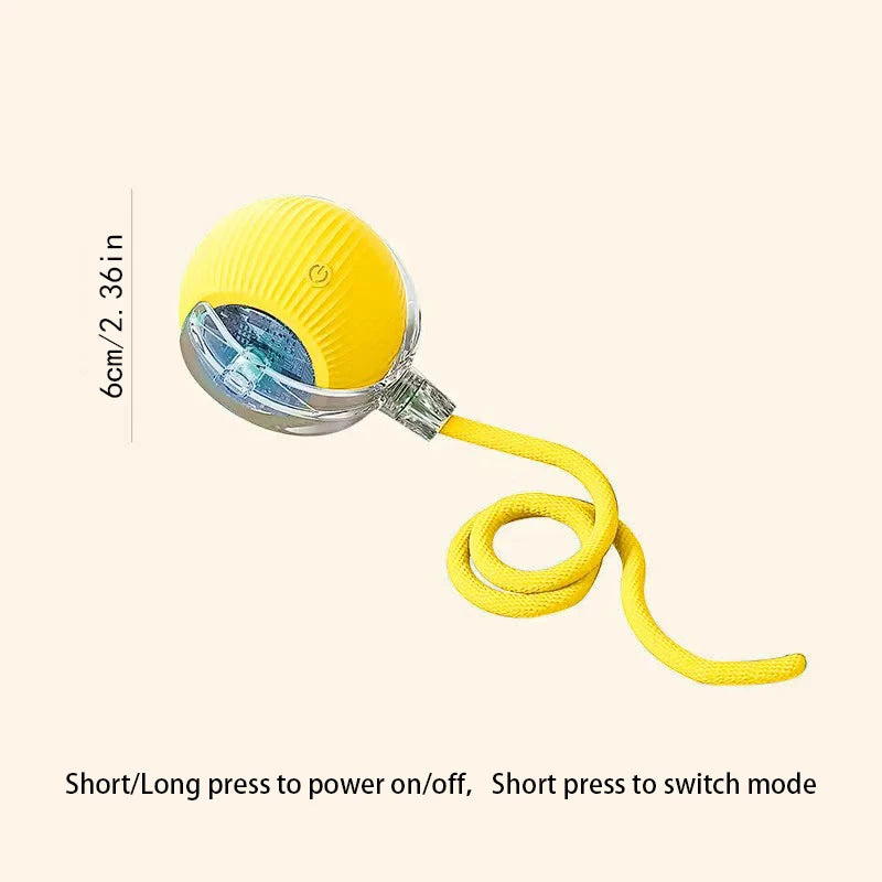 Yellow electric cat ball toy with a clear sphere and yellow cord for interactive play