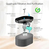 Fontaine à eau automatique noire avec robinet en T, support de pompe et éponge préfiltre pour la purification.