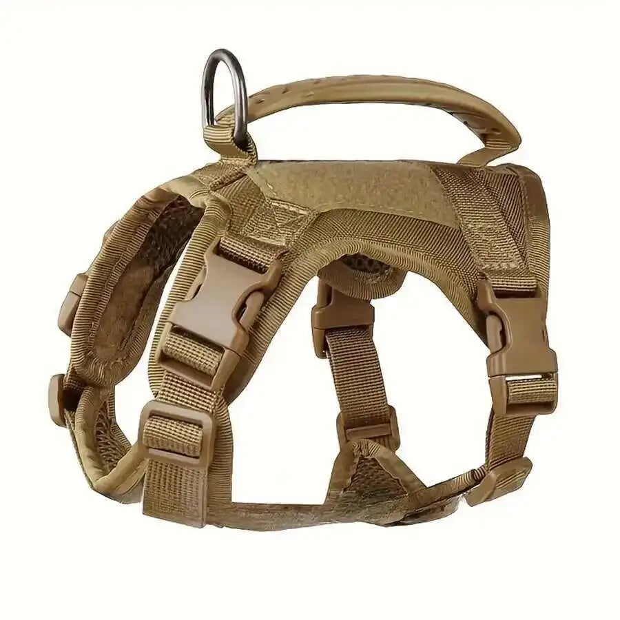 A tan mesh cat harness with adjustable straps and a loop for escape proofing.