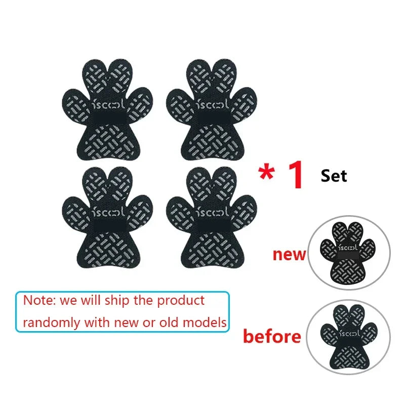 A set of black pet anti-slip paw protectors for dogs shown with new and old models.