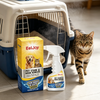 A bottle of EelJoy Pet Stain & Odor Remover spray is shown next to a white pet carrier.
