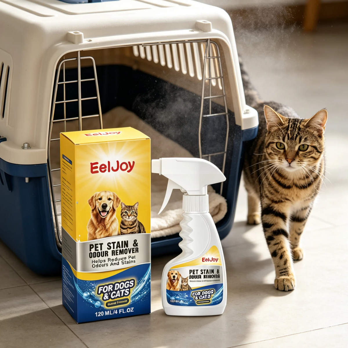 A bottle of EelJoy Pet Stain & Odor Remover spray is shown next to a white pet carrier.