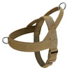 A tan tactical anti-pull dog harness with metal clips shown against a white background.