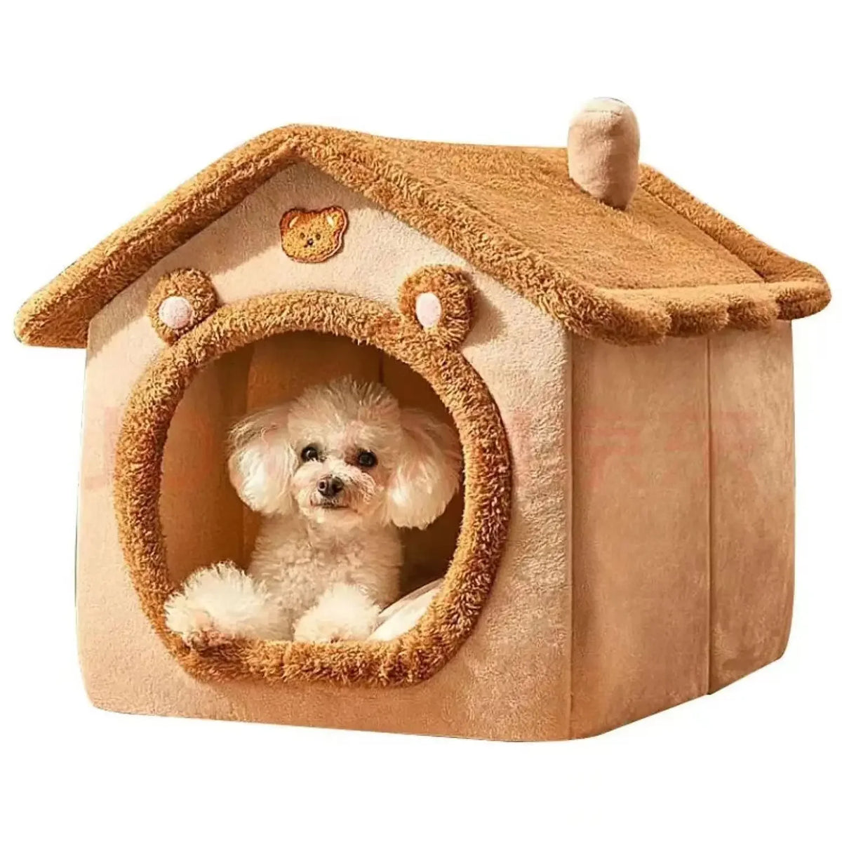A fluffy dog is visible inside a cozy, round-windowed dog house pet bed with a suede-like exterior.