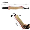A jute dog tug of war training toy with black straps and red stitching, shown in a stretched form and a close-up.