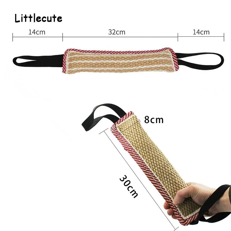 A jute dog tug of war training toy with black straps and red stitching, shown in a stretched form and a close-up.