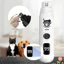 A white pet nail trimmer and grinder with a black attachment is shown next to a cat and a dog.