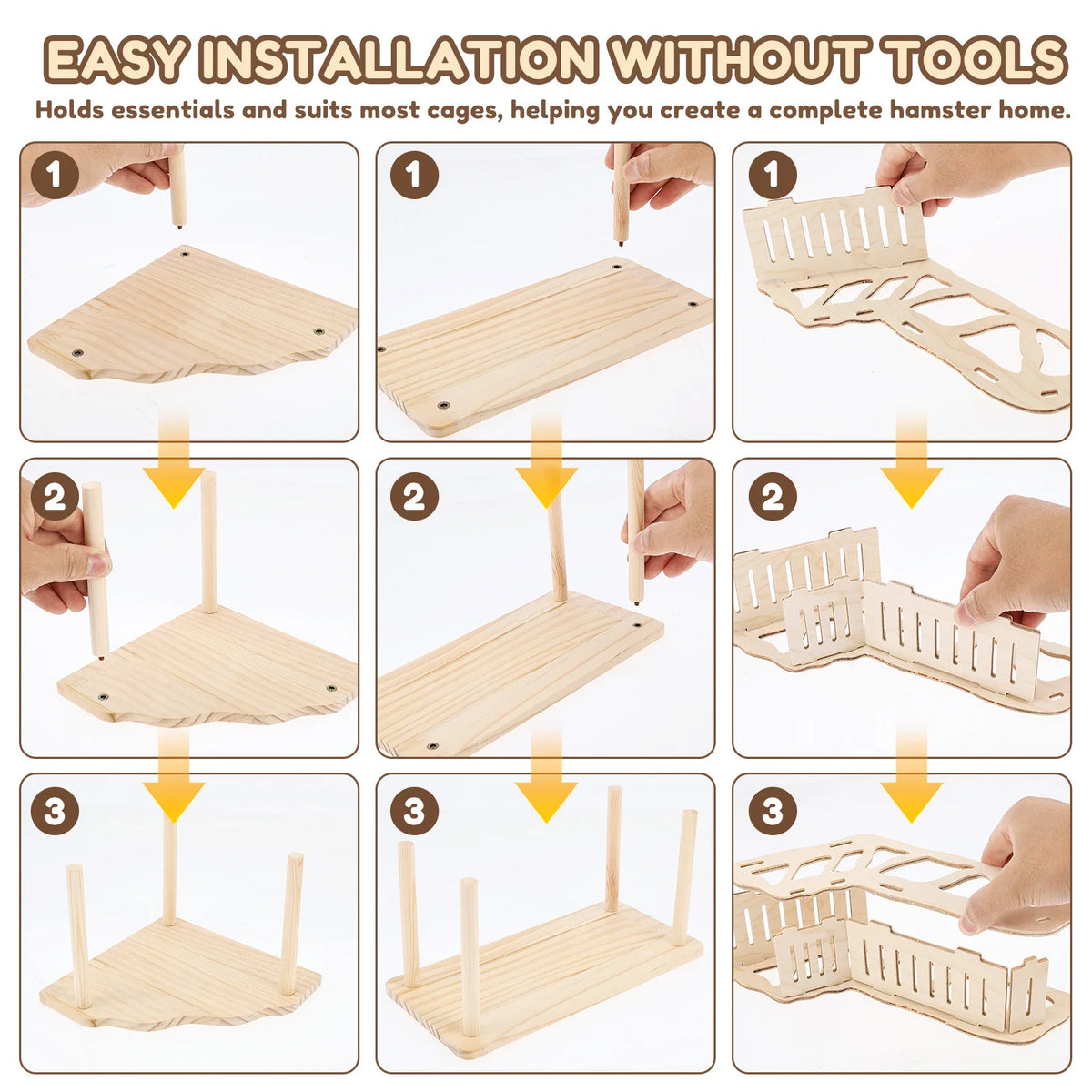 Instructions for easily installing a natural wood hamster climbing and exercise set into cages.