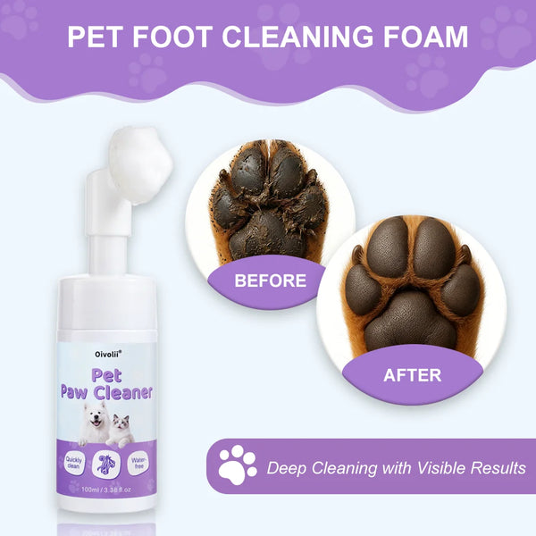 A bottle of Pet Paw Cleaner foam for cleaning pet paws, showing before and after results.
