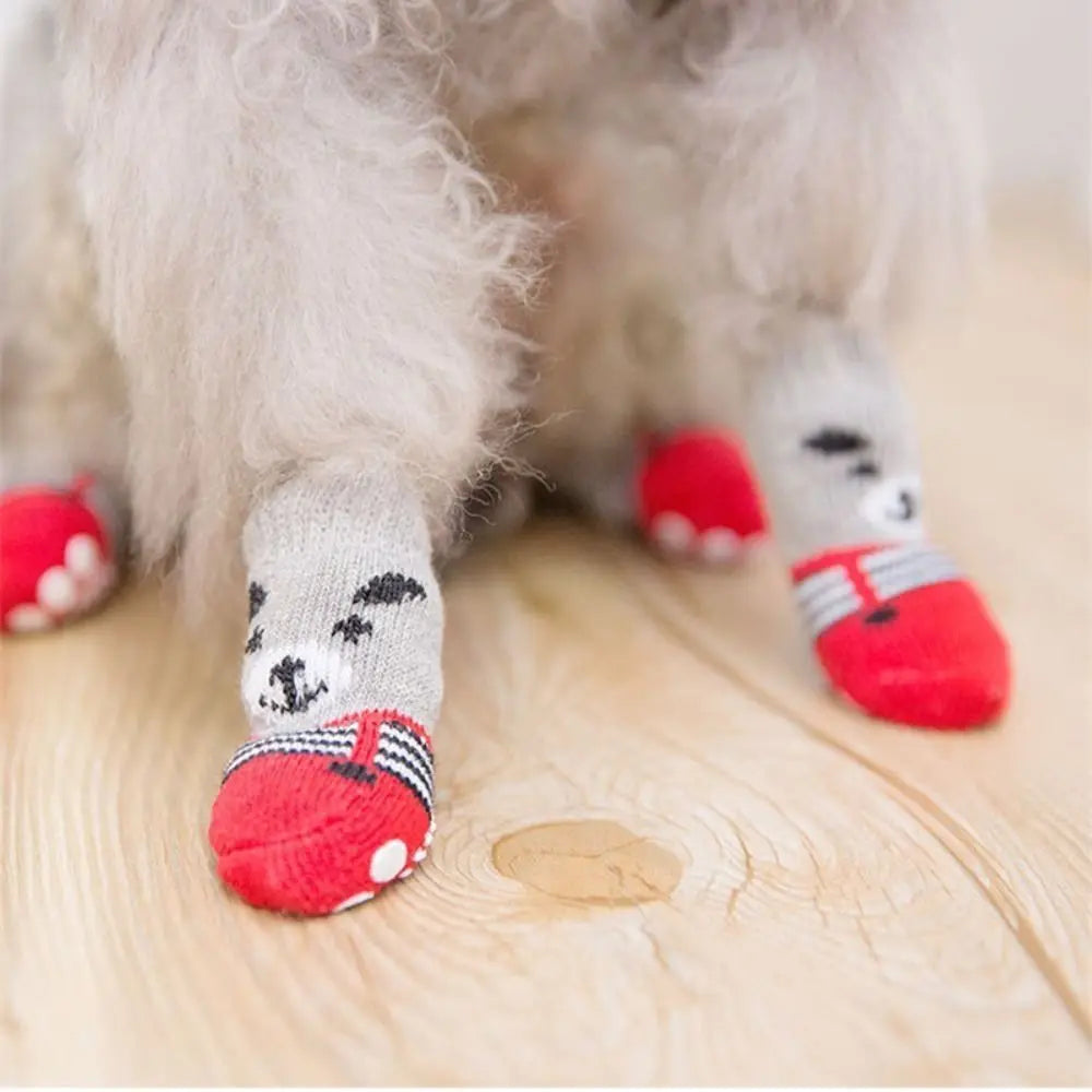 A close-up of a fluffy pet's paws wearing anti-slip socks with paw prints and red accents.