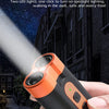 A hand holds an orange and black LED spotlight device, demonstrating its use for outdoor lighting.