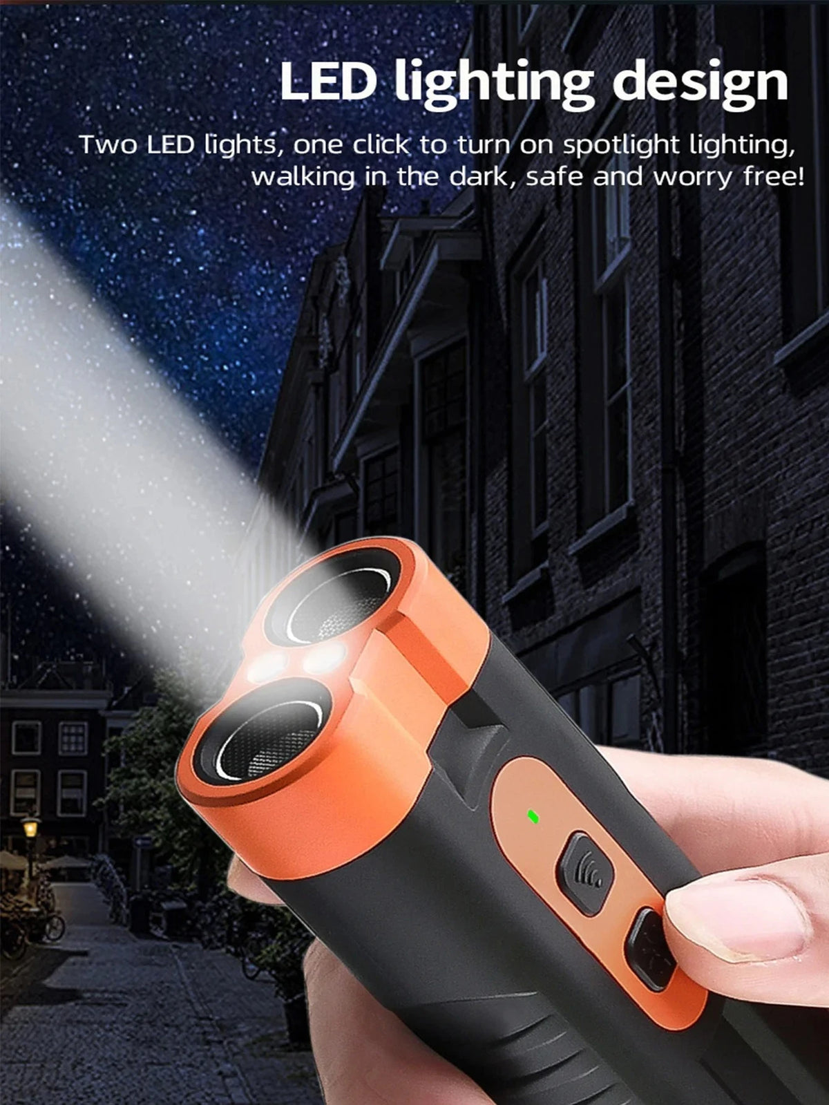 A hand holds an orange and black LED spotlight device, demonstrating its use for outdoor lighting.