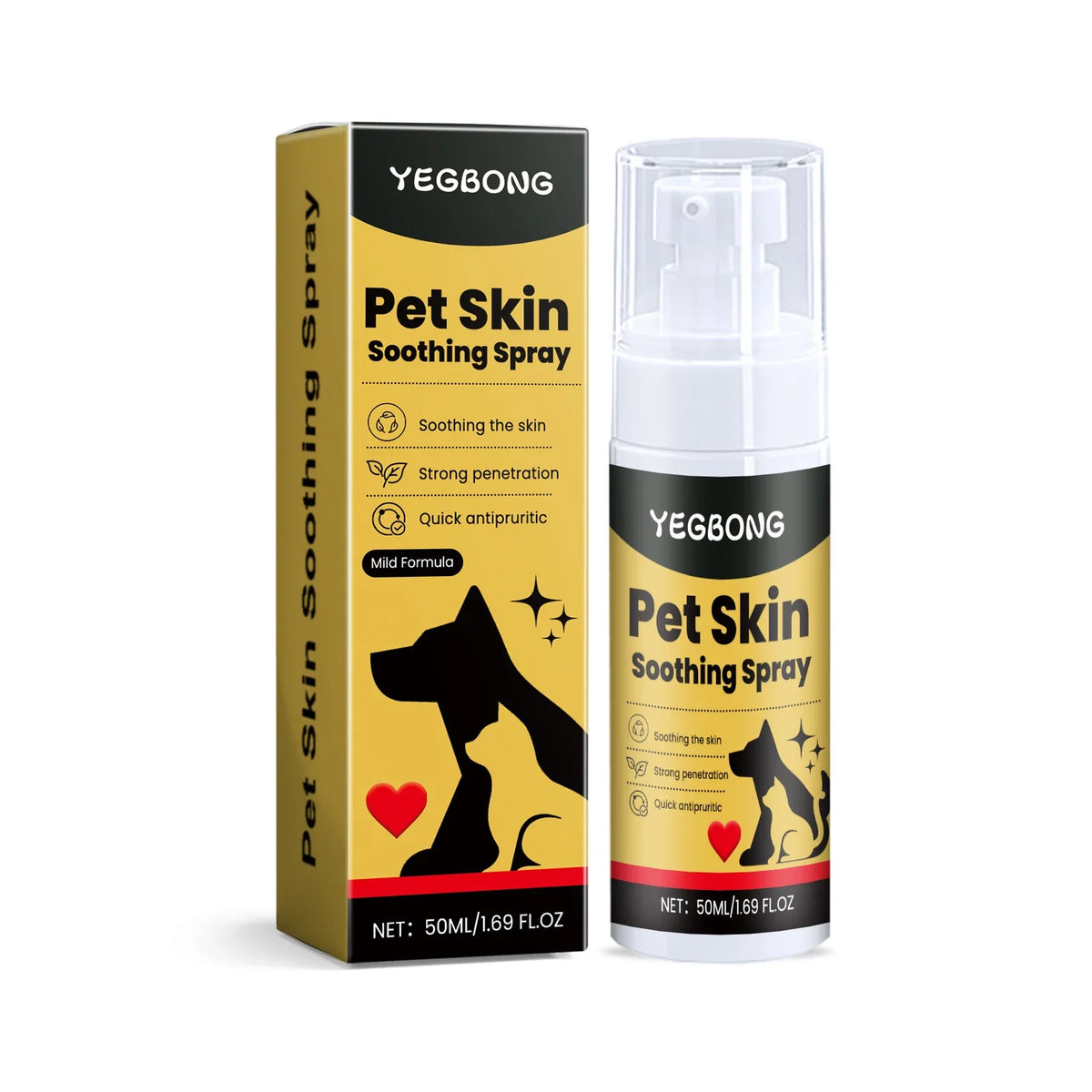 Verpackung und Flasche von Yegbong Pet Skin Soothing Spray zur Beruhigung der Haut mit starker Penetration und schnellem Juck