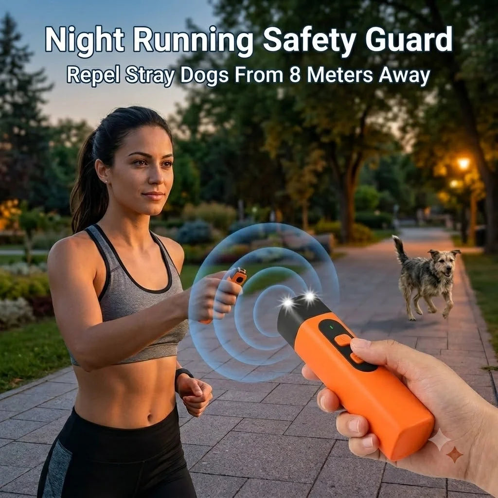 A woman uses a portable orange ultrasonic device to repel stray dogs from eight meters away in a park setting.