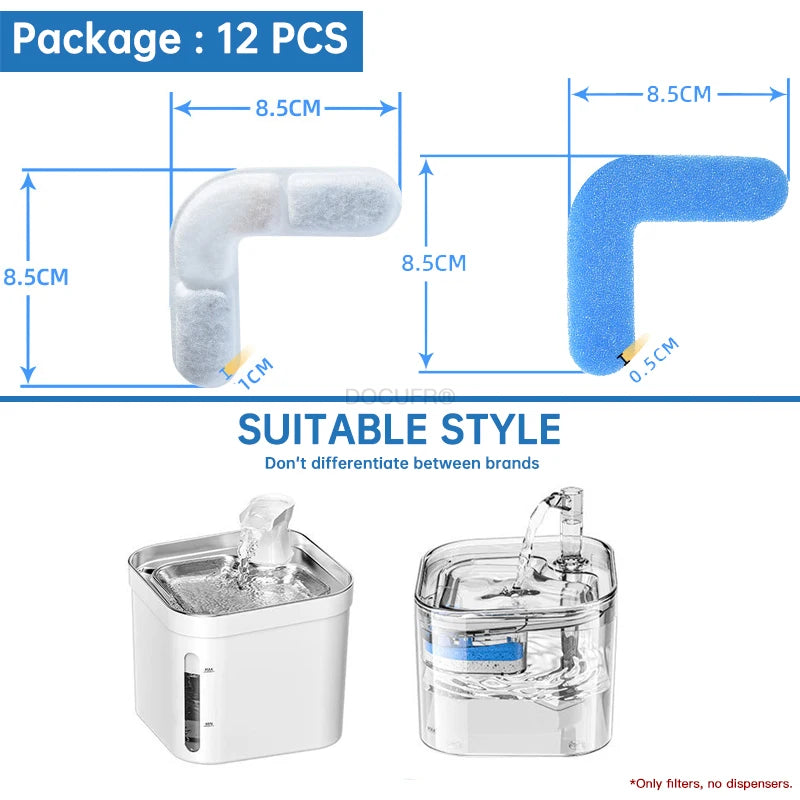 A package of 12 replacement filters for pet water fountains, shown next to two types of filter holders.