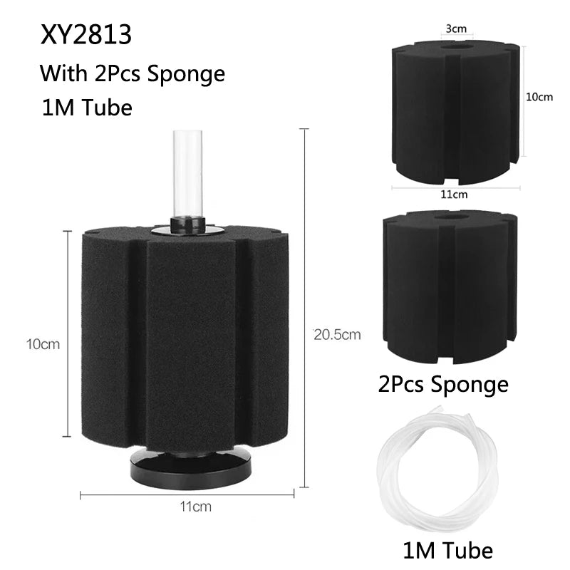 Black XY2813 filter with a 1M tube and two sponges shown in a side view.