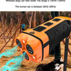 An orange ultrasonic dog bark control device with multiple LED lights is shown near a dog.