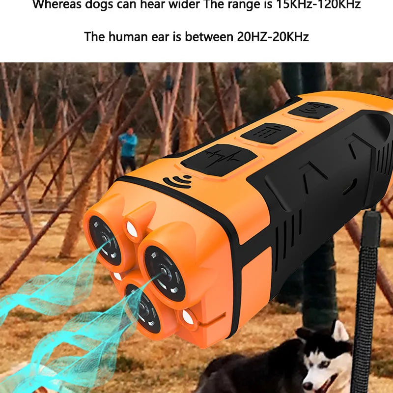 An orange ultrasonic dog bark control device with multiple LED lights is shown near a dog.