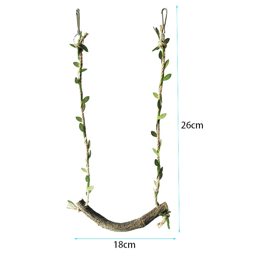 Naturholz-Papagei-Schaukel und Kletterspielzeug mit 26 cm Länge und 18 cm Spannweite.