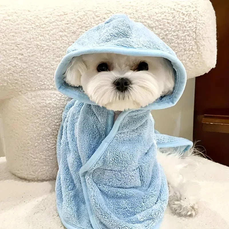 A white dog wearing a light blue absorbent quick-dry bathrobe with a hood.