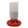 A white automatic chicken feeder and waterer combo set with a red base.