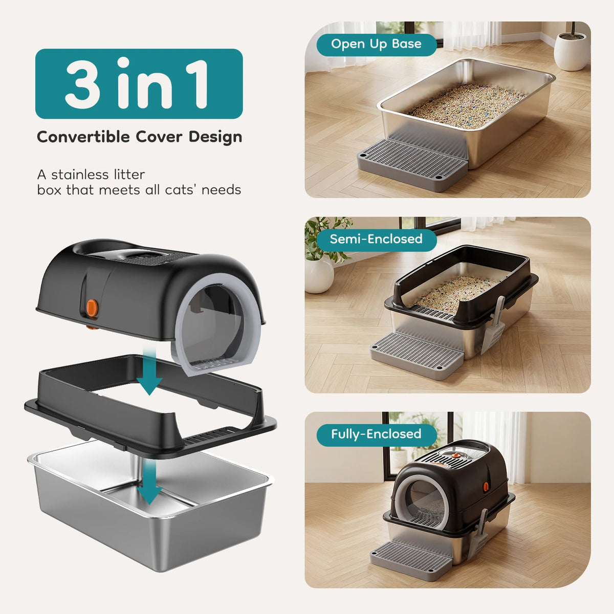 Caja de arena para gato convertible de 3 en 1 con cajas de arena de acero inoxidable en diseños abierto, semi-cerrado y total