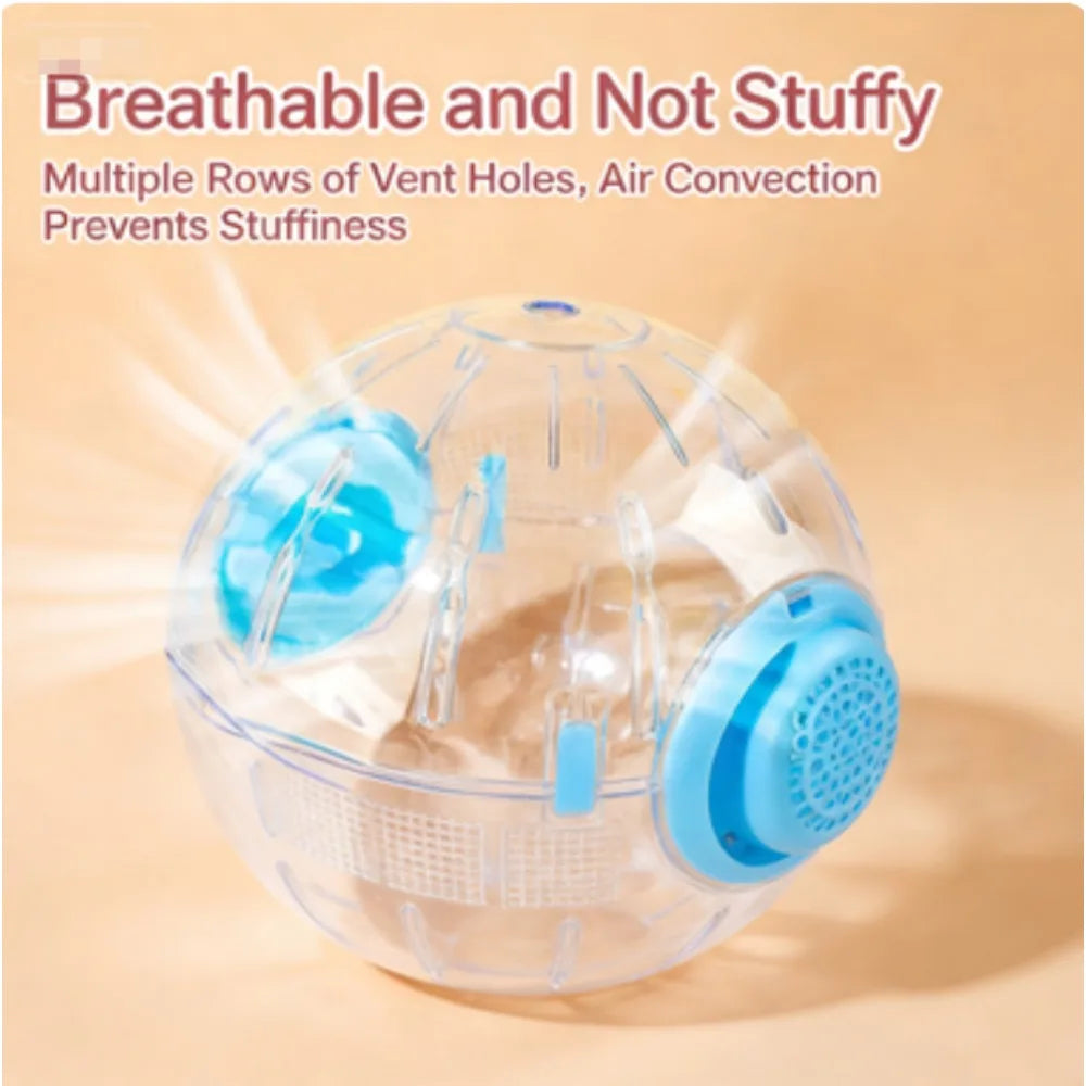 A clear plastic hamster exercise ball with multiple vent holes and air convection features.