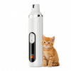 A white pet nail grinder with a black display and silver cap, shown next to an orange kitten.