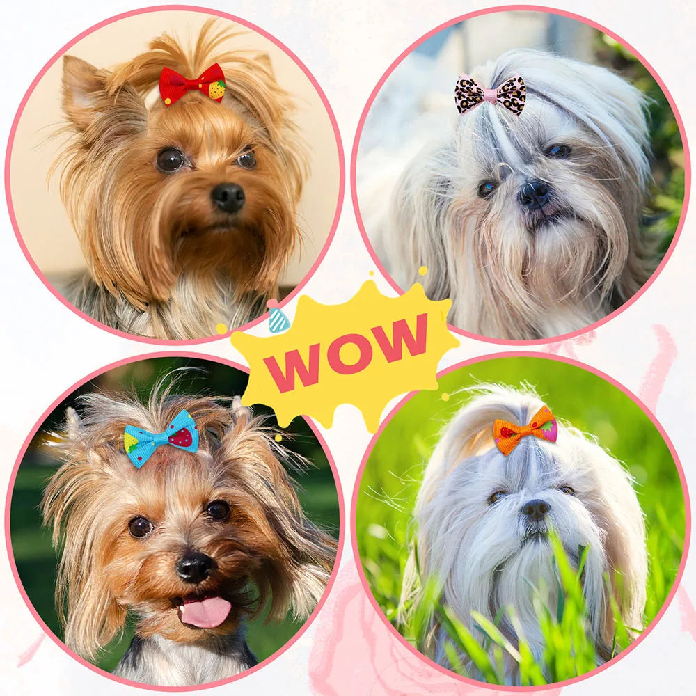 Four images showing various cute handmade bows in different colors and styles for dogs and cats
