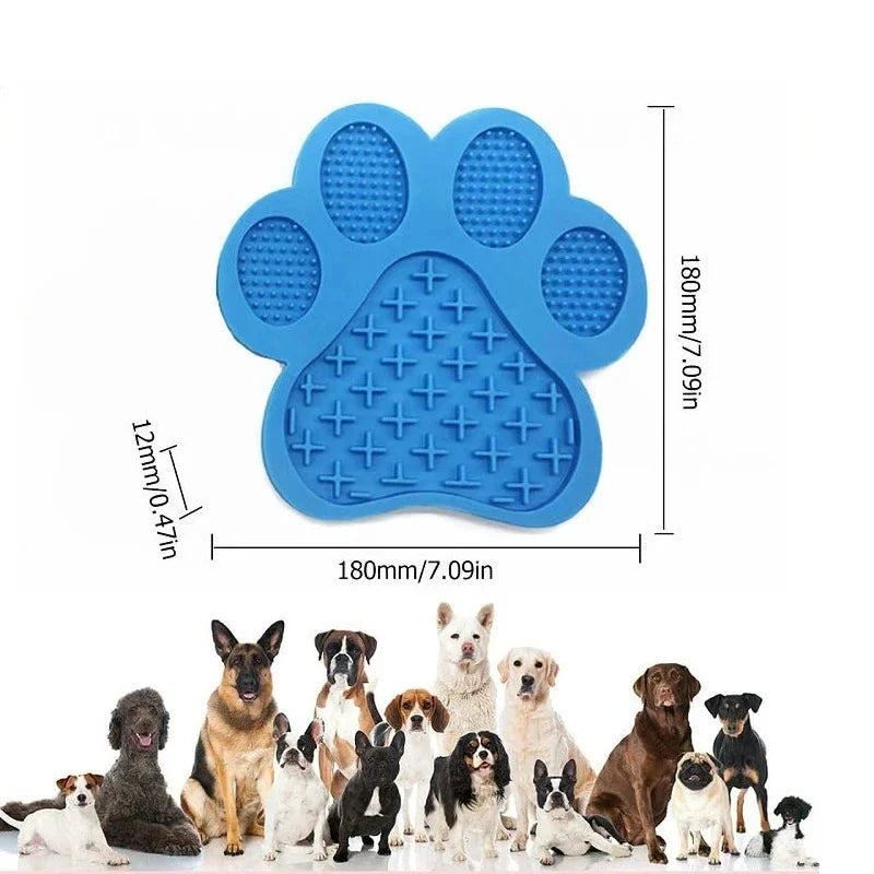 A collection of various dog breeds and cats are shown next to a blue silicone pet licking mat.