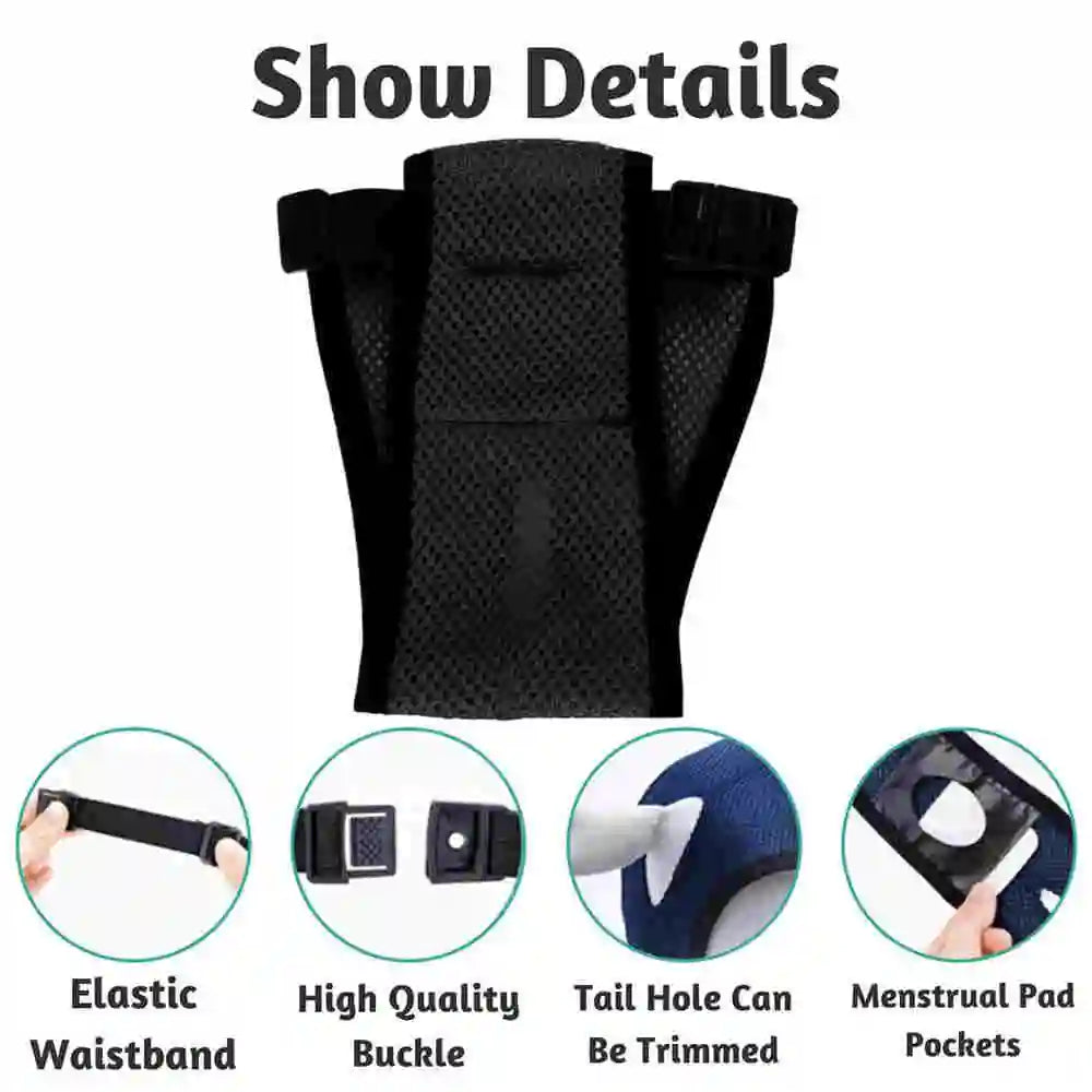 Black reusable washable dog diapers featuring an elastic waistband and a high quality buckle.