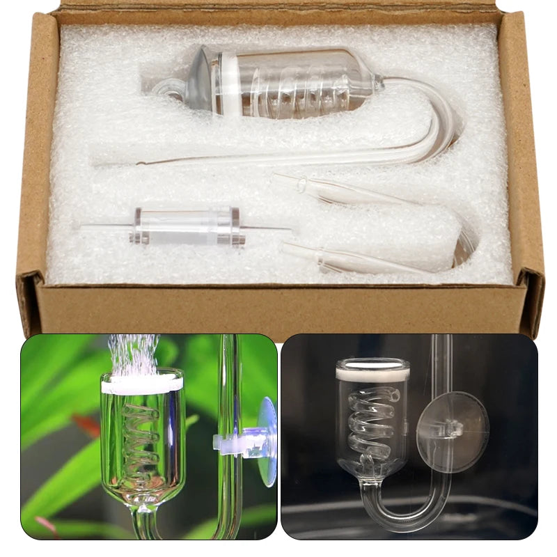 Box containing an aquarium CO2 diffuser with suction cups and tubing.
