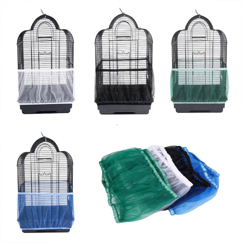 Four variations of breathable nylon mesh bird cage covers in black, green, and blue.