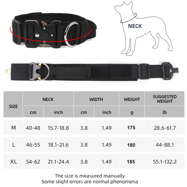 Black tactical dog collar shown with diagrams and size chart for medium to large breeds