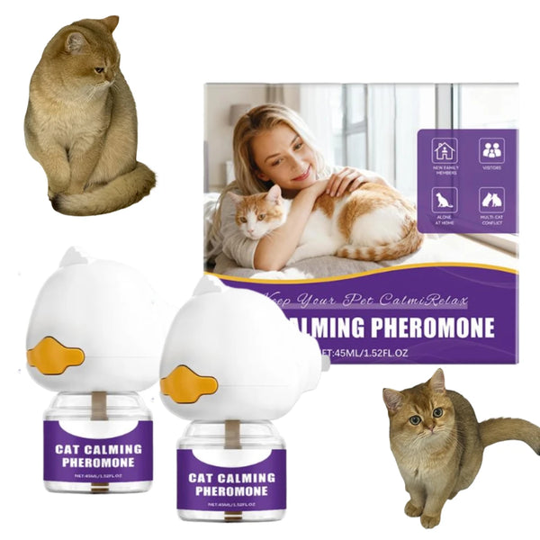 A white cat calming pheromone diffuser device and a tabby cat are shown.