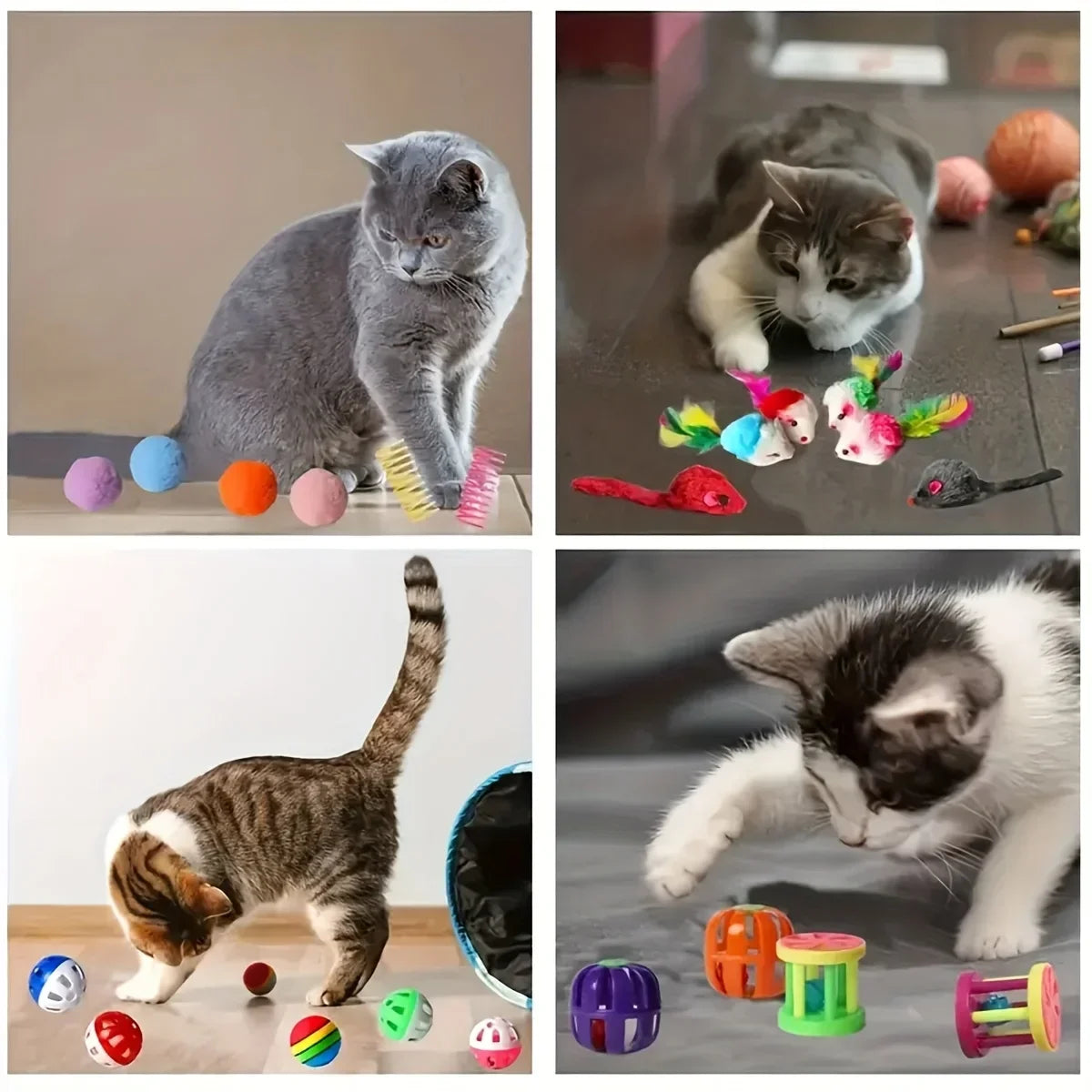 A bundle of mixed cat play toys including balls, mice, and rings for cats.