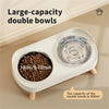 A white large-capacity double bowl for pets, showing a stainless steel bowl filled with pet food.