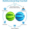 A green and blue multifunctional dog treat ball designed for training, anxiety relief, and teeth cleaning.
